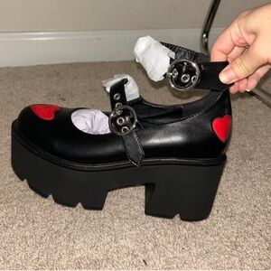 Stylish Black Platform Mary Jane Shoes with Red Heart Accents